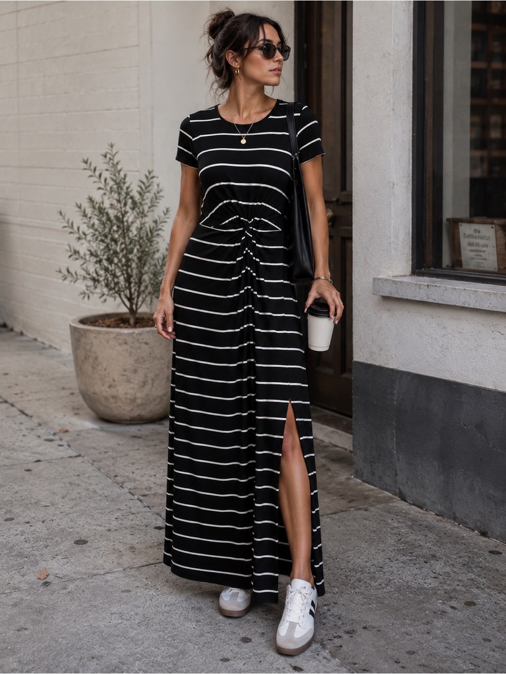 24/7 by Maurice’s Striped Maxi Dress XS Black White Knot Front Side Slit